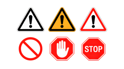 Collection of warning signs and prohibition signs including stop hand and exclamation point signs