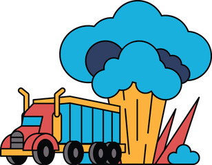 A black and white drawing of a truck driving through a field with a cloud of smo