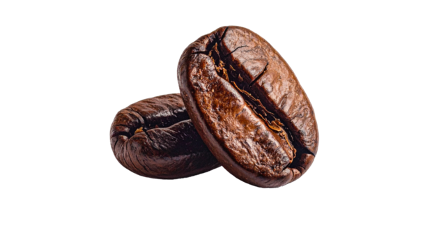 Dark roasted coffee beans isolated on white background, showing rich texture and natural glossy surface, captured in a detailed macro shot that highlights aroma, freshness, depth, and authentic coffee