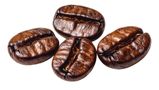 Dark roasted coffee beans isolated on white background, showing rich texture and natural glossy surface, captured in a detailed macro shot that highlights aroma, freshness, depth, and authentic coffee