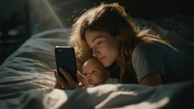 Mother and baby lying on a bed, looking at a smartphone together.