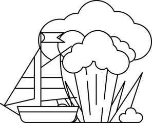 A boat is sailing in the ocean with a cloud in the background