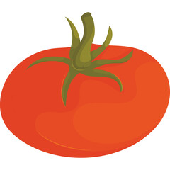 Vibrant Red Tomato with Green Stem and Leaves Isolated on a White Background Simple Illustration