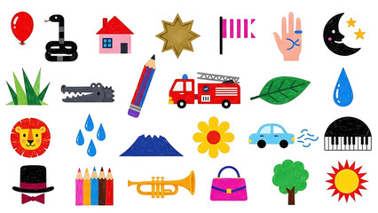 Colorful collection of various objects arranged neatly on a white surface representing diverse themes and concepts in a playful and whimsical style.