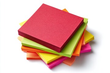 Fototapeta premium Overhead view of a vibrant, messy stack of colorful square sticky notes and memo pads, highlighting organization, ideas, and communication on a white background.