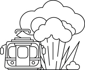 A train is going through a forest with a cloud of smoke in the background