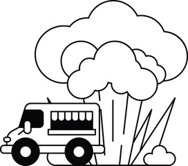 A white truck is driving through a cloud of smoke