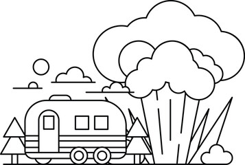A black and white drawing of a trailer with a cloud of smoke in the background
