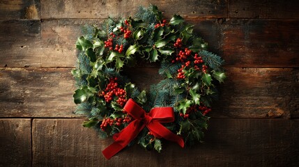 Festive wreath of holly, berries, and evergreens, adorned with a bright red bow for a classic touch.