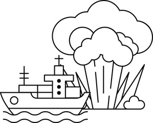 A ship is sailing in the ocean with a large cloud of smoke in the background