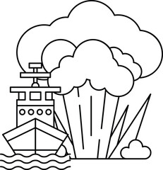 A ship is sailing in the ocean with a cloud of smoke in the background