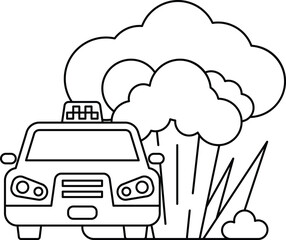 A black and white drawing of a taxi cab with a cloud of smoke coming out of the