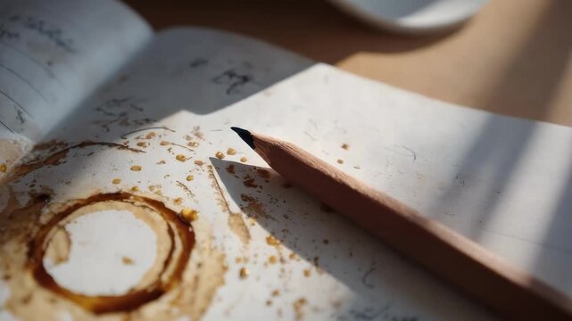 A coffee cup ring stain on a notebook page with a pencil nearby.