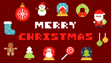 Fototapeta premium Pixel Merry Christmas Banner with Santa Snowman Gingerbread and Festive Icons on Red Background