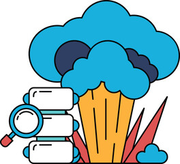 A black and white drawing of a cloud with a magnifying glass on the left side