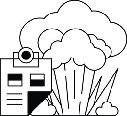 A black and white drawing of a cloud with a camera in the middle