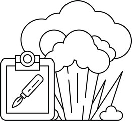 A black and white drawing of a clipboard with a pen on it