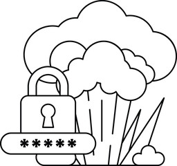 A black and white drawing of a lock and a key with a cloud in the background