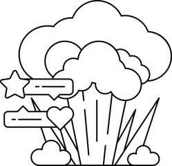 A black and white drawing of a cloud with a star and two hearts