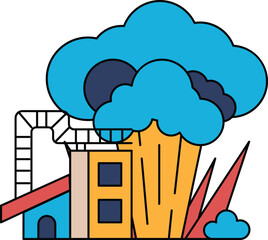 A black and white drawing of a city with a factory and a house