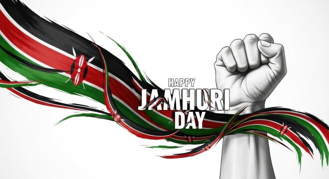 Festive Jamhuri Day illustration with Kenyan flag colors and a raised fist symbolizing unity, freedom and national pride. Ideal for holiday banners