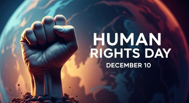 Powerful raised fist, symbolizing freedom, justice and global equality. Human Rights Day banner for campaigns, awareness and social projects