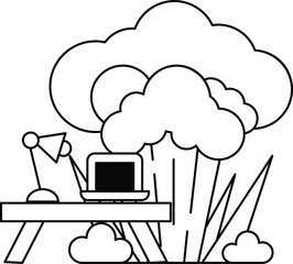 A laptop is on a table next to a large tree