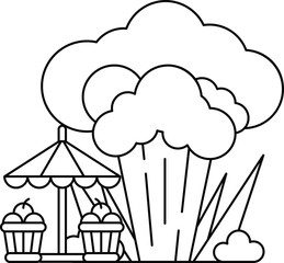 A cartoon drawing of a carnival with a large cloud in the background