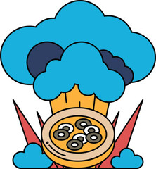 A white and black drawing of a pot of food with a cloud of smoke coming out