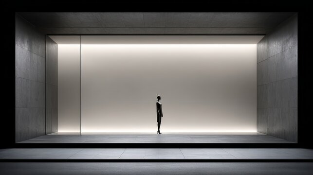 Solitude in Architectural Space: A lone figure stands in contemplation within a minimalist architectural setting, their silhouette a stark contrast against a luminous backdrop.