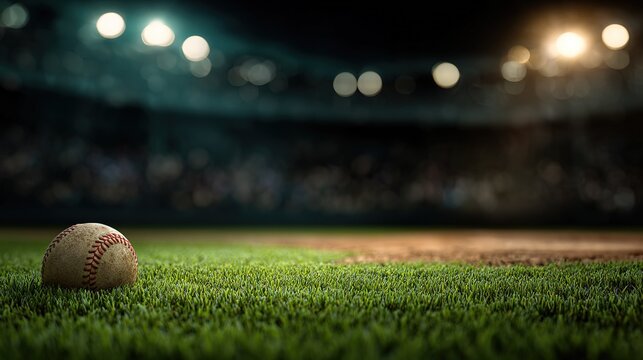 Baseball Field Night Scene: View from Behind Home Plate (Lights on Green Grass + Ground Ball), Dark Blurry Background for Youth League/Sports Event Banners