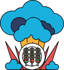 A plate of food with skewers on it is surrounded by clouds