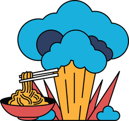 A bowl of noodles with chopsticks in it is being eaten by a person