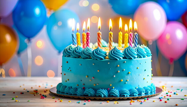 Bright blue birthday cake with lighted candles and colorful sprinkles Festive background for party and celebration. - Powered by Adobe