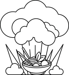 A bowl of food with a cloud in the background