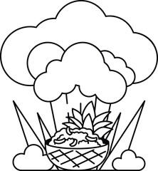 A white and black drawing of a cloud with a pineapple in the middle
