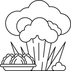 A white and black drawing of a cloud with a broccoli and a bowl of food