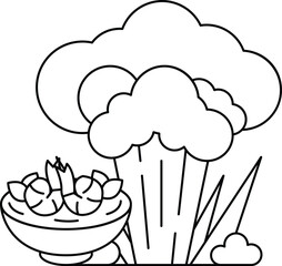 A bowl of food is next to a cloud of smoke