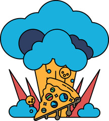A black and white drawing of a pizza with a cloud of smoke and a mushroom on top