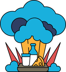 A cartoon of a cloud with a bottle of milk, a cup, and a slice of cheese