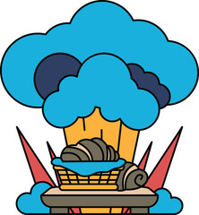 A white and black drawing of a cloud with a basket of food in it