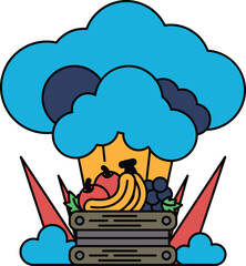 A black and white drawing of a cloud with a person and a bunch of fruits in it