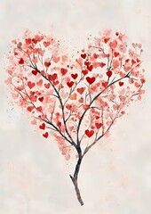 Fototapeta premium A beautiful heart-shaped tree made of red hearts, conveying love and affection. The tree has intricate branches and symbolizes growth, life, and the beauty of love.
