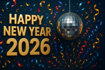 Fototapeta premium Golden happy new year 2026 text with disco ball and colorful decorations around