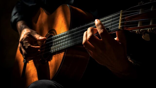 Musician performing on guitar in soft lighting, close-up shot highlighting hand movements and emotional expression.