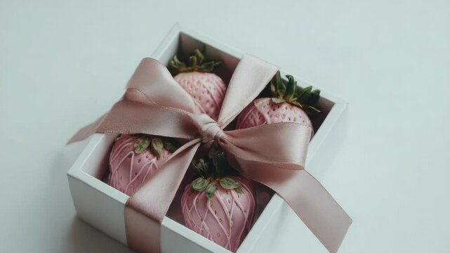 Pink chocolate-dipped strawberries arranged in a white gift box, tied with a pale pink satin ribbon.