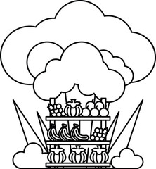 A black and white drawing of a cloud with a basket of fruit on top