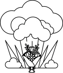 A bouquet of flowers is placed in front of a large cloud
