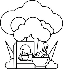 A white and black drawing of a tree with a box of cereal and a bowl of ice cream