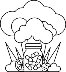 A jar of pills is surrounded by a cloud of smoke